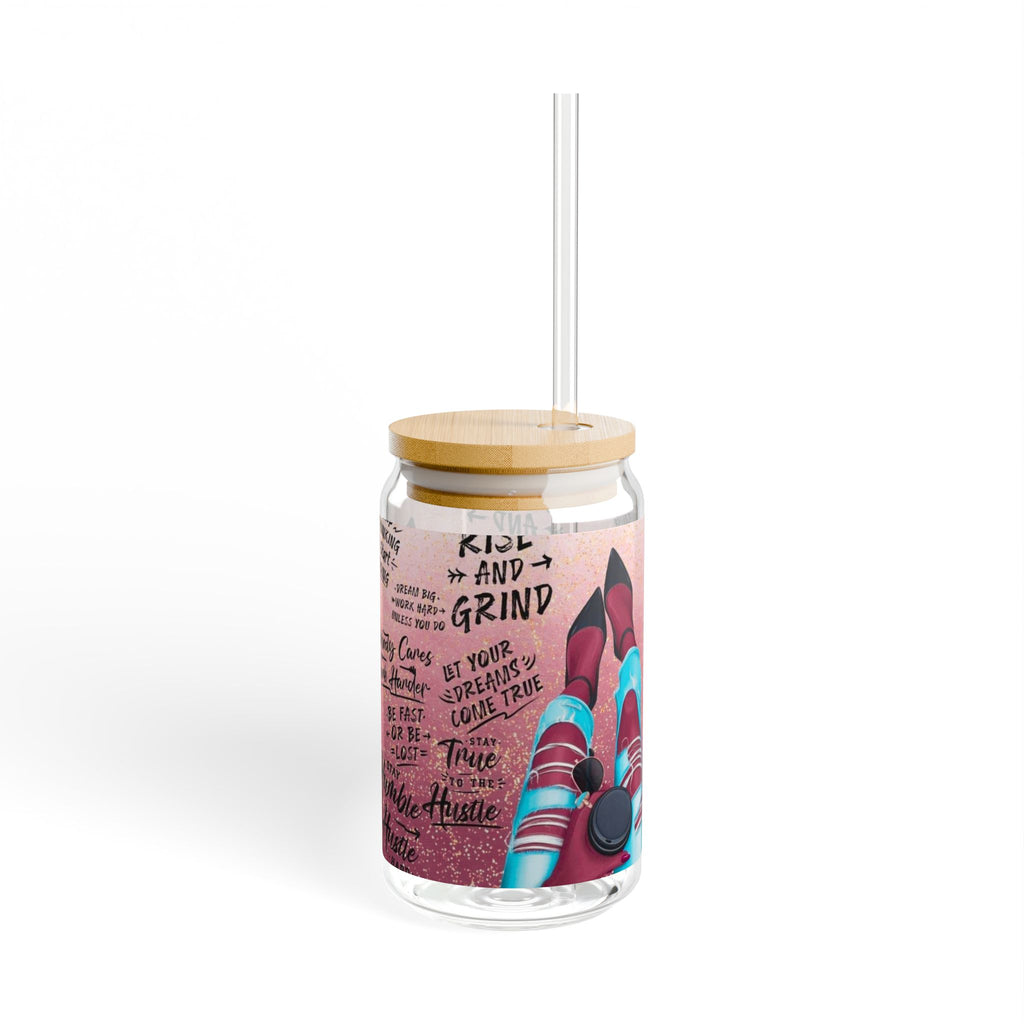 Motivational Sipper Glass, 16oz | Inspirational Drinkware, Rise & Grind, Home Office Decor, Gift for Her, Fitness Water Bottle.