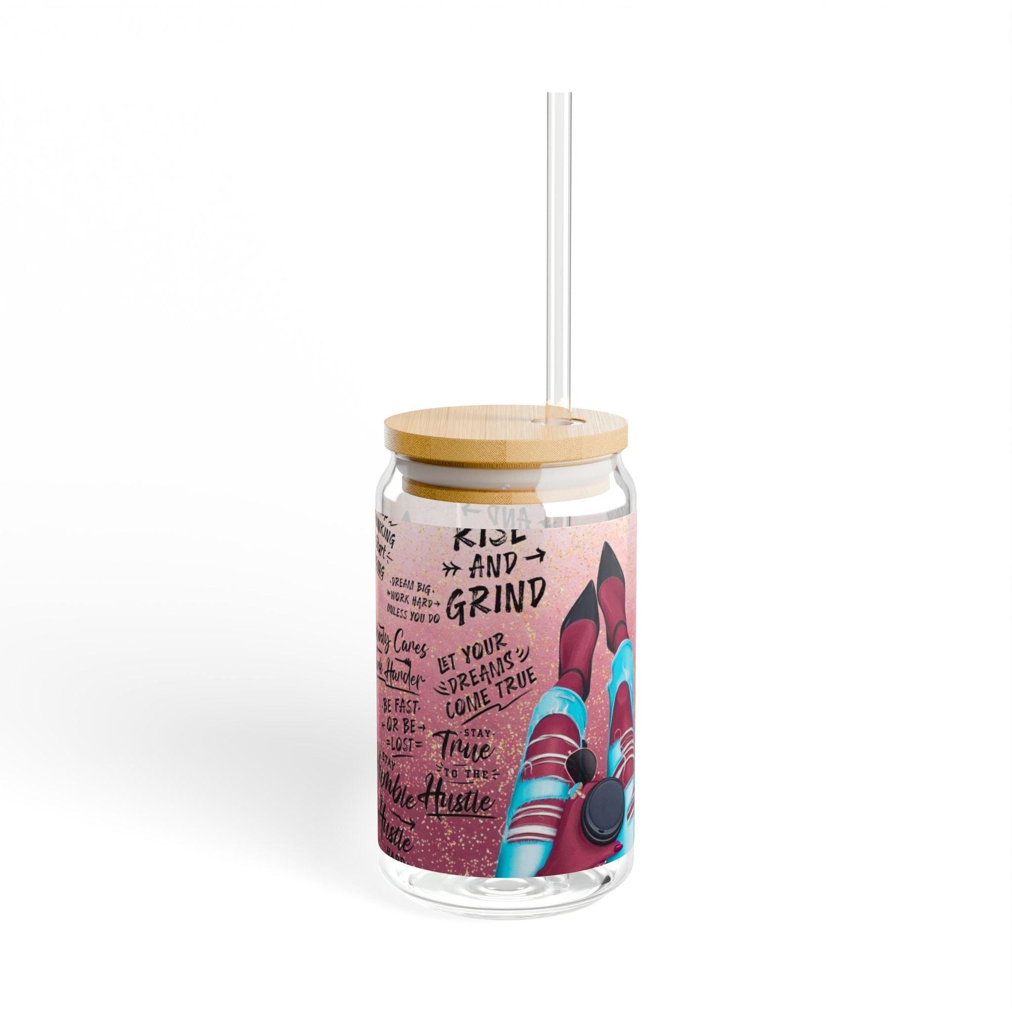 Motivational Sipper Glass, 16oz | Inspirational Drinkware, Rise & Grind, Home Office Decor, Gift for Her, Fitness Water Bottle.