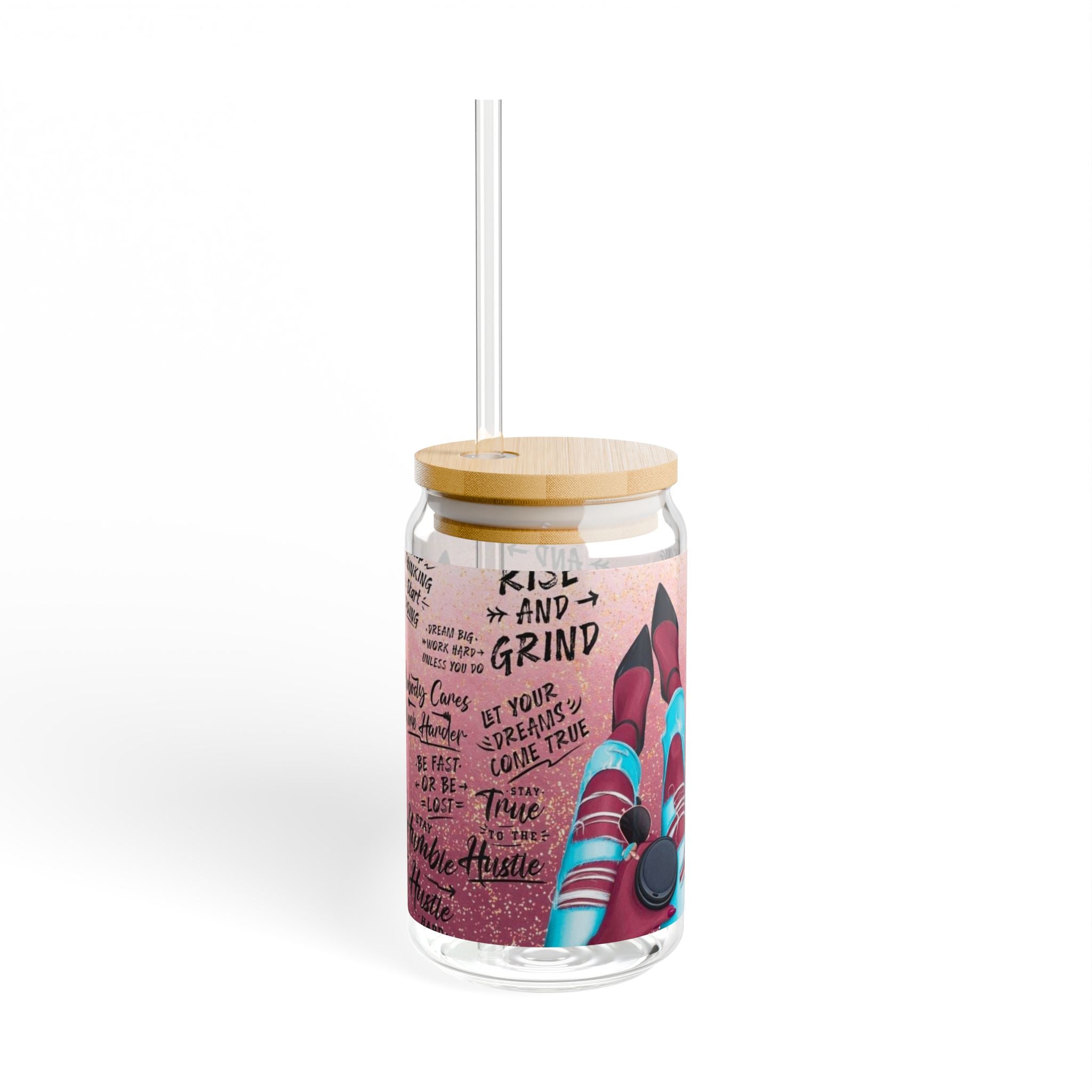 Motivational Sipper Glass, 16oz | Inspirational Drinkware, Rise & Grind, Home Office Decor, Gift for Her, Fitness Water Bottle.