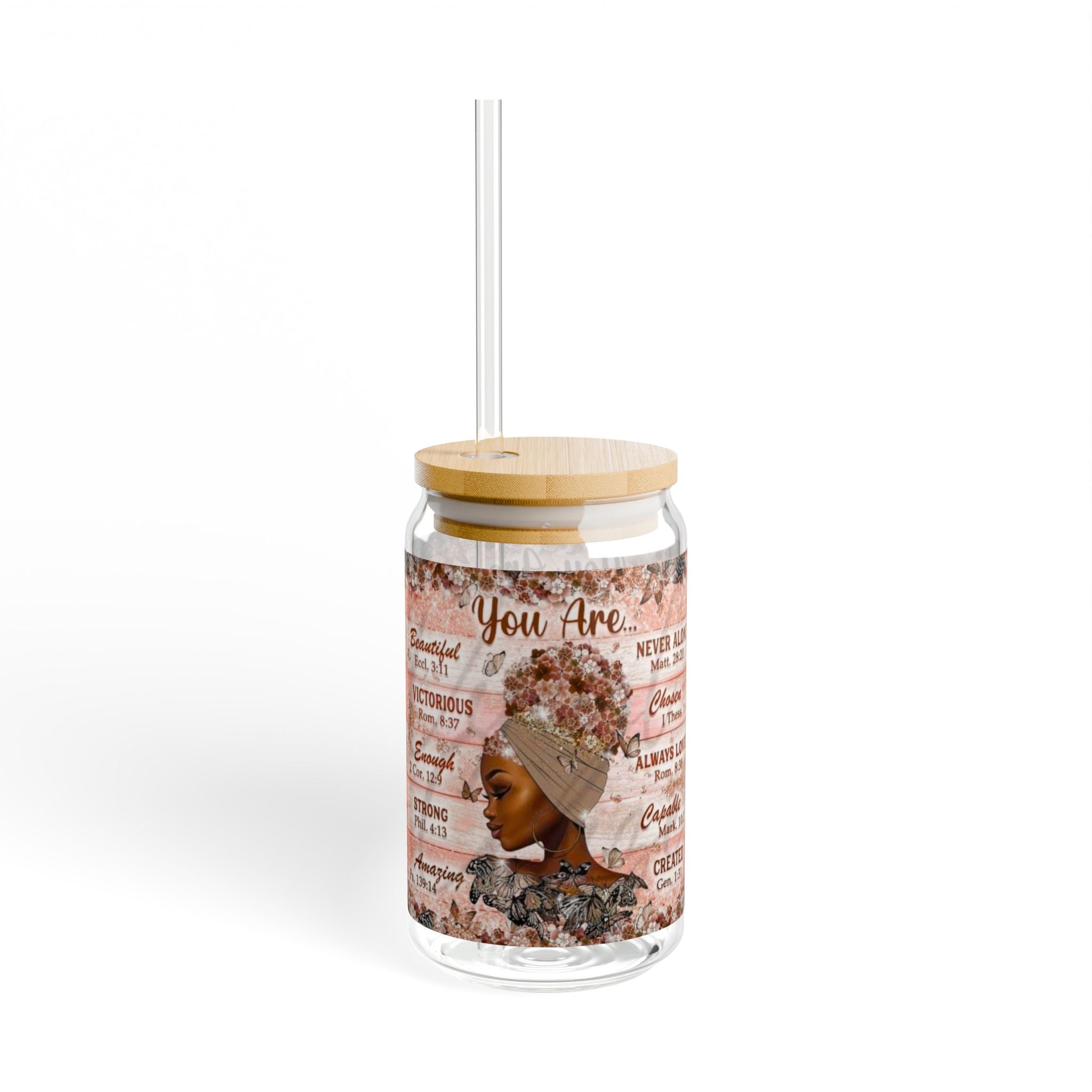 Inspirational Sipper Glass, Motivational Drinkware, Empowering Beverage Container, 16oz Glass with Straw, Perfect Gift for Women, Home Decor.
