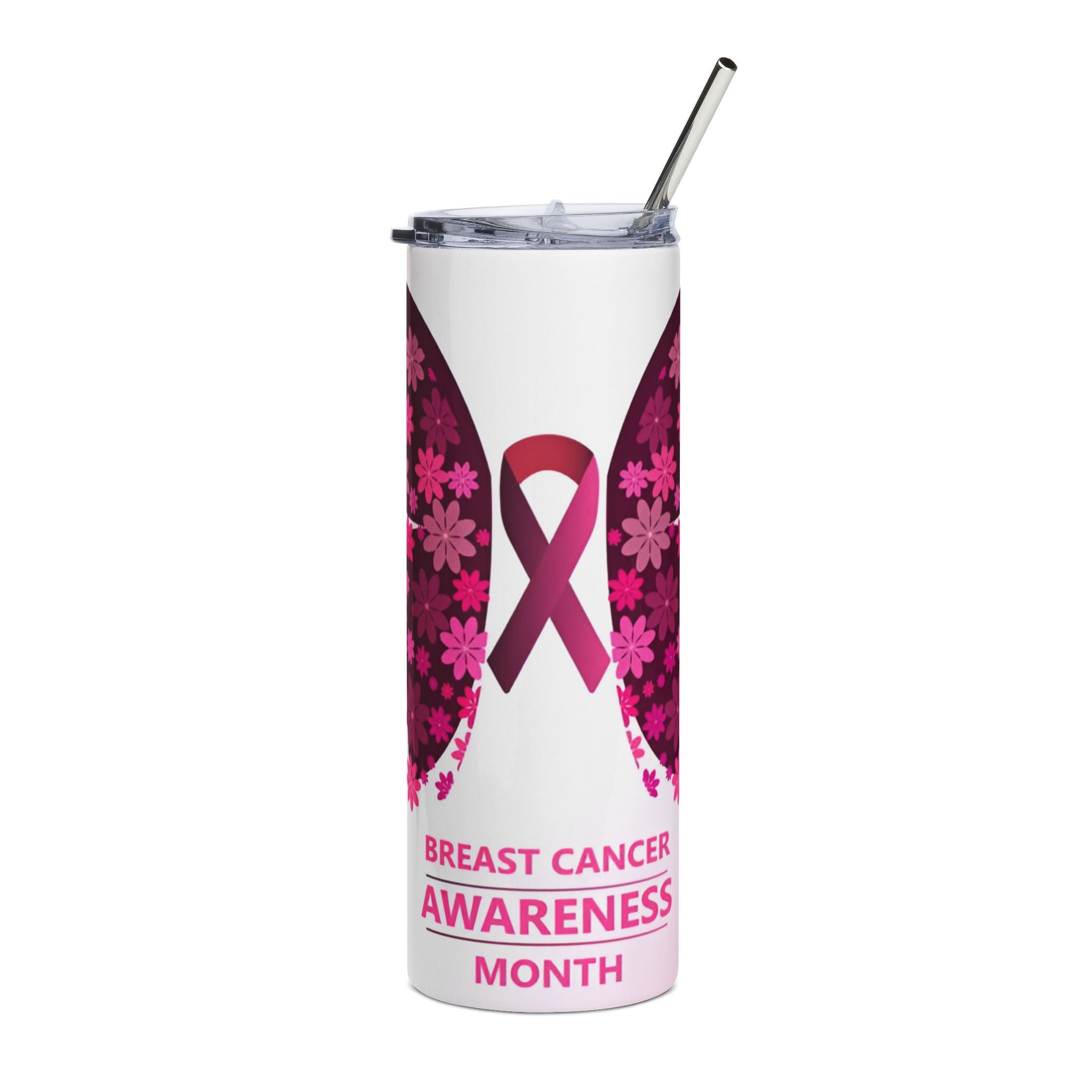 Personalized Breast Cancer Awareness Tumbler, Custom Insulated Steel Cup, Support Survivor Gift, Pink Ribbon Charity Drinkware, Cancer.