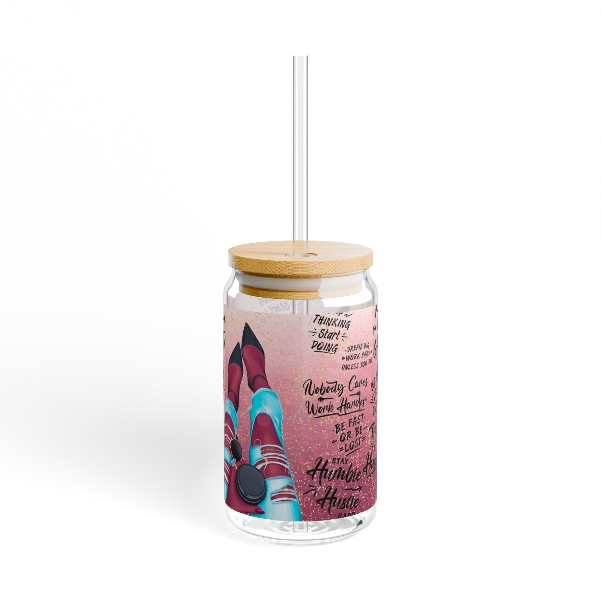 Motivational Sipper Glass, 16oz | Inspirational Drinkware, Rise & Grind, Home Office Decor, Gift for Her, Fitness Water Bottle.